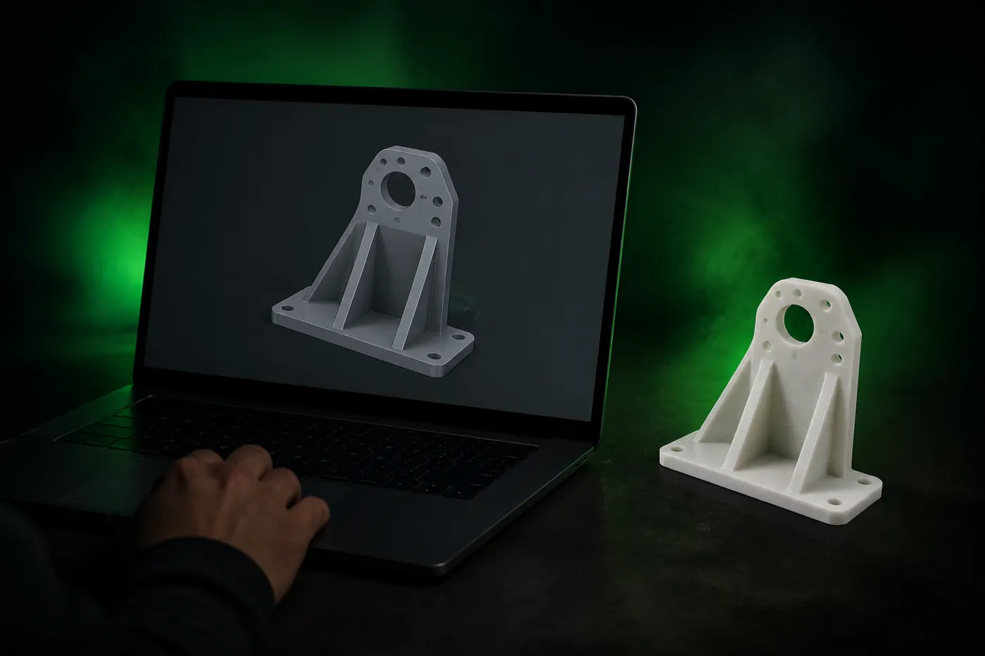Ноутбук с нечитаемой CAD-скобой и такая же напечатанная деталь рядом